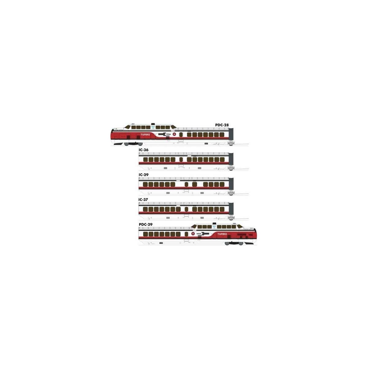 UAC TurboTrain 5-Car Passenger Train-Only Set (2022 Ver.) - Sound & DCC Equipp -- Amtrak 52, 73, 74, 57, 53 (Early Scheme white,