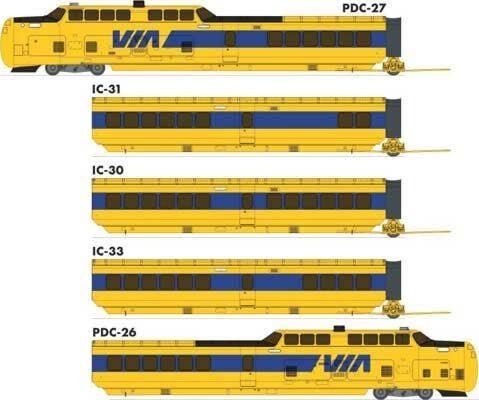 UAC TurboTrain 5-Car Passenger Train-Only Set (2022 Ver.) - Sound & DCC Equipp -- VIA Rail Canada 146-201-256-228-151 (yellow, b