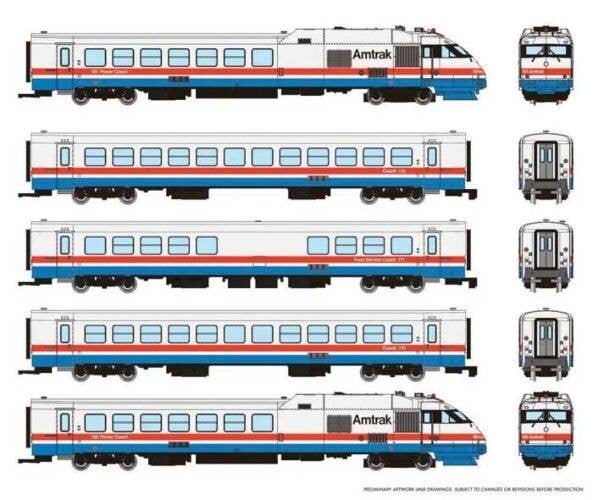 Rohr RTL Turboliner 5-Unit Set - ESU LokSound and DCC -- Amtrak (Set 3 Phase III, Early white, blue, red), N, Rapido Trains Inc 