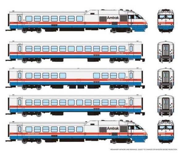 Rohr RTL Turboliner 5-Unit Set - ESU LokSound and DCC -- Amtrak (Set 1, Phase III, Early white, blue, red), N, Rapido Trains Inc