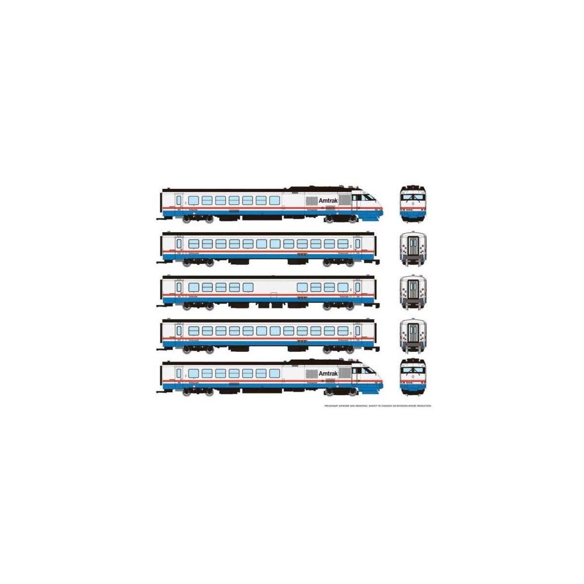 Rohr RTL Turboliner 5-Unit Set - ESU LokSound and DCC -- Amtrak Set 4 (Phase III Late, white, blue, red, black roof), N, Rapido 