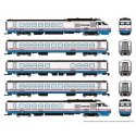 Rohr RTL Turboliner 5-Unit Set - ESU LokSound and DCC -- Amtrak Set 4 (Phase III Late, white, blue, red, black roof), N, Rapido 