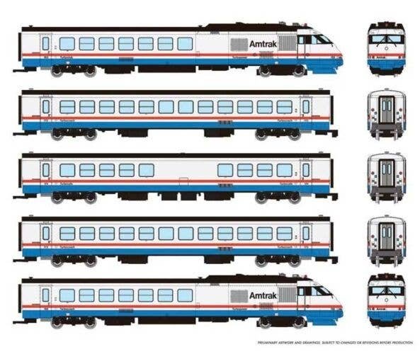Rohr RTL Turboliner 5-Unit Set - ESU LokSound and DCC -- Amtrak Set 4 (Phase III Late, white, blue, red, black roof), N, Rapido 
