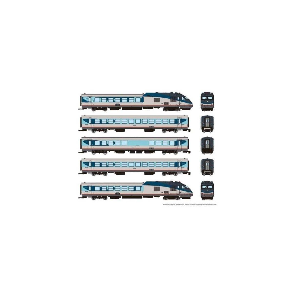 Rohr RTL Turboliner 5-Unit Set - ESU LokSound and DCC -- Amtrak (Phase V, silver, blue, gray, red), N, Rapido Trains Inc 525505