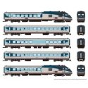 Rohr RTL Turboliner 5-Unit Set - ESU LokSound and DCC -- Amtrak (Phase V, silver, blue, gray, red), N, Rapido Trains Inc 525505