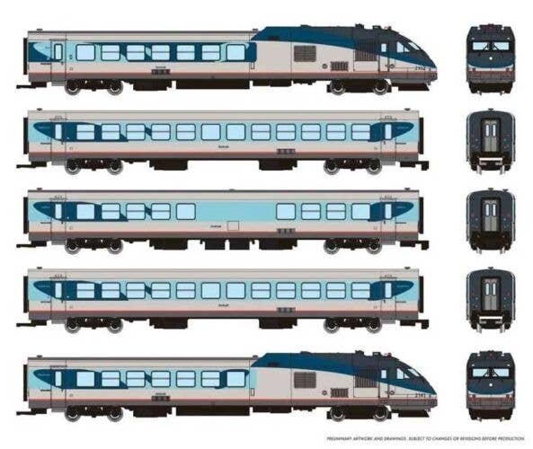 Rohr RTL Turboliner 5-Unit Set - ESU LokSound and DCC -- Amtrak (Phase V, silver, blue, gray, red), N, Rapido Trains Inc 525505