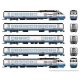 Rohr RTL Turboliner 5-Unit Set - ESU LokSound and DCC -- Amtrak Set 2 (Phase III Late, white, blue, red, black roof), N, Rapido 