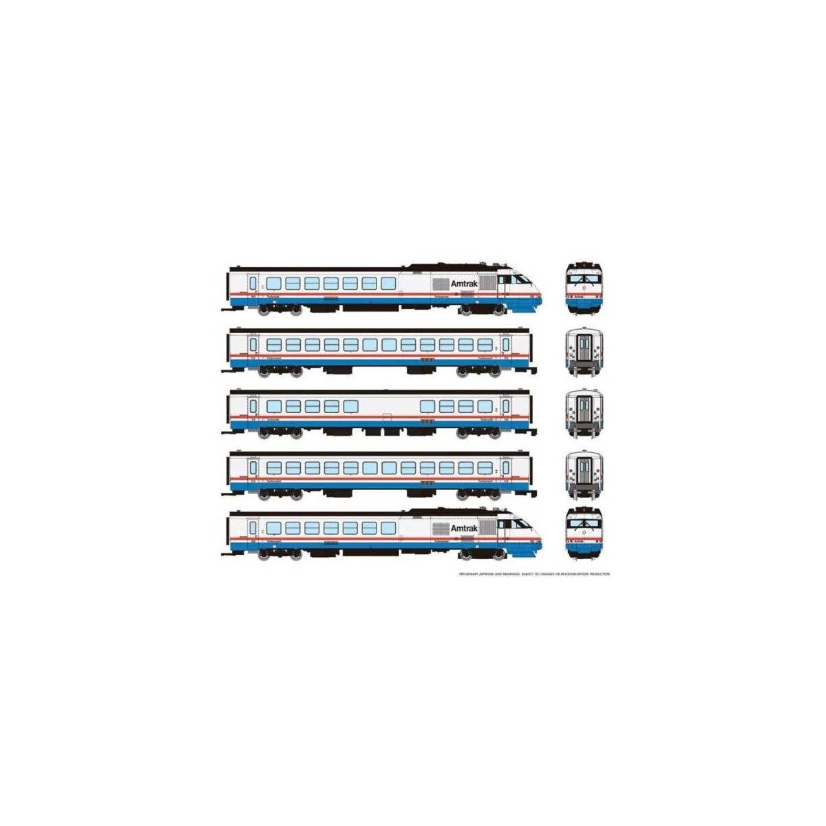 Rohr RTL Turboliner 5-Unit Set - ESU LokSound and DCC -- Amtrak Set 2 (Phase III Late, white, blue, red, black roof), N, Rapido 