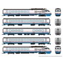 Rohr RTL Turboliner 5-Unit Set - ESU LokSound and DCC -- Amtrak Set 2 (Phase III Late, white, blue, red, black roof), N, Rapido 