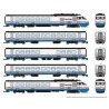 Rohr RTL Turboliner 5-Unit Set - ESU LokSound and DCC -- Amtrak Set 2 (Phase III Late, white, blue, red, black roof), N, Rapido 