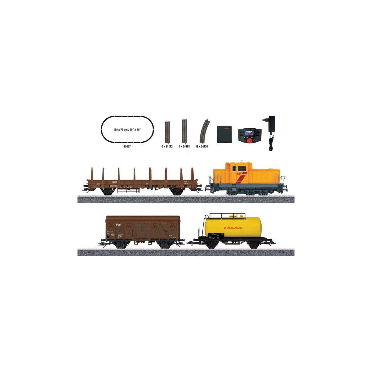 Danish Freight Train Starter Set - 3-Rail - Digital -- DSB Class MK Diesel, 3 Cars, C-Track Oval, Mobile Station, HO, Marklin, I