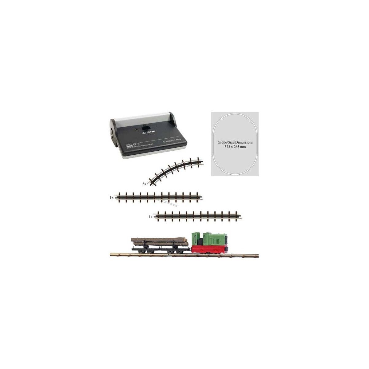 Feldbahn Log Train Starter Set with Battery Controller -- Gmeinder 15/18, 2 Disconnect Log Trucks with Logs, Track Oval, Battery