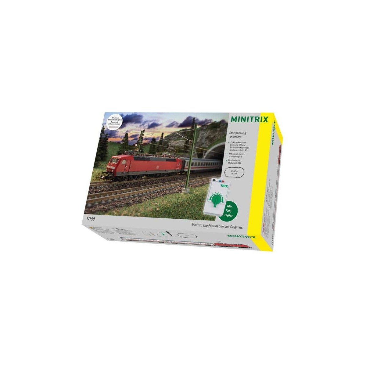 Intercity Passenger Train Starter Set - Standard DC - Minitrix -- German Federal Railway - Class 120, 2 Cars, Track Oval, Power 