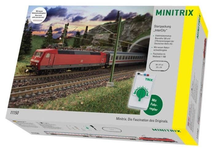 Intercity Passenger Train Starter Set - Standard DC - Minitrix -- German Federal Railway - Class 120, 2 Cars, Track Oval, Power 