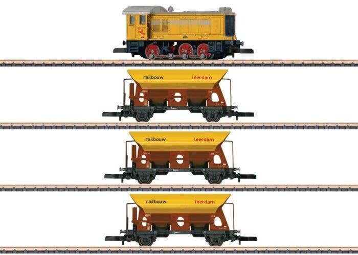 Diesel Work Train-Only Set - Standard DC -- Railbouw Leerdam V 36 Diesel, 3 Side Dump Cars (Era IV, yellow), Z, Marklin, Inc 817