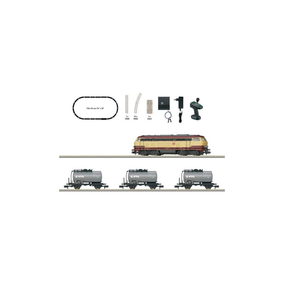 Freight Train Digital Starter Set - DCC -- Era VI DB AG Class 217 Diesel, 3 Tank Cars, Track Oval, Power Pack & Control, N, Trix