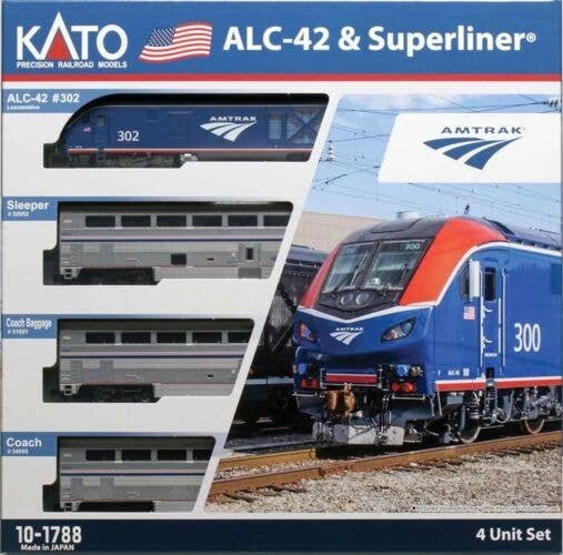 Siemens ALC-42 Charger & 3 Cars Train-Only Set - DCC -- Amtrak 302, Sleeper, Coach, Coach-Baggage, N, Kato USA Inc 101788DCC