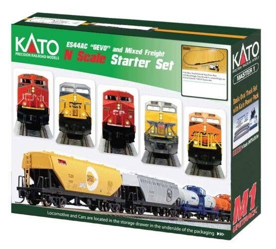 GE ES44AC GEVO Mixed Freight Starter Set -- Union Pacific Loco, 6 Cars Unitrack M1 Basic 4-1/2 x 2′ Oval, Power Pack, N, Kato 