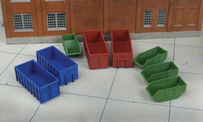 Industrial Dumpsters -- Kit - 2 Large Roll-Off, 2 Medium Roll-Off, 4 Scrap Metal Slide-Off, HO, Walthers SceneMaster 4106