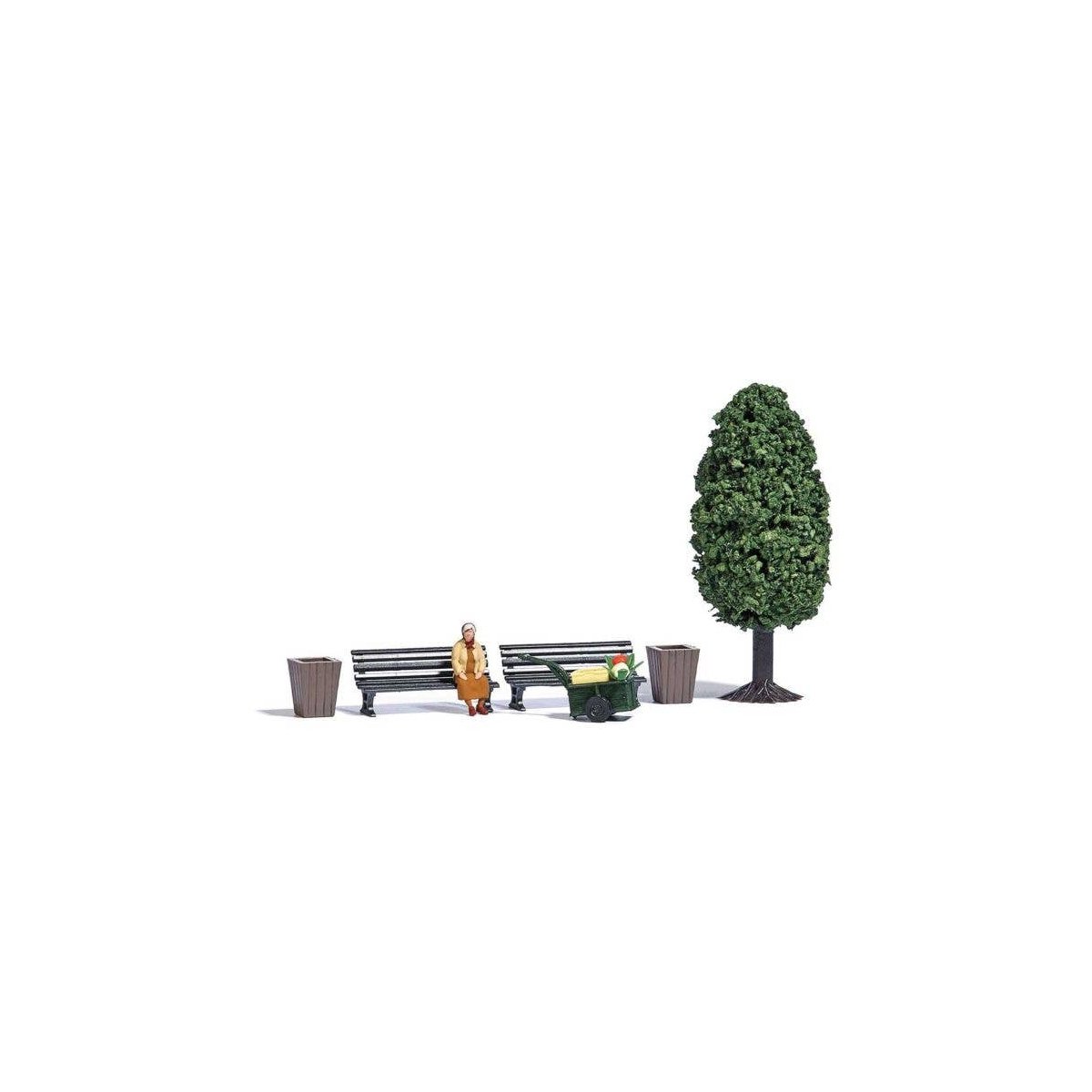 Woman with Hand Cart Miniature Scene -- Woman with Hand Cart, 2 Benches, Tree and Garbage Cans, HO, Busch Gmbh & Co Kg 7841