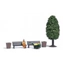 Woman with Hand Cart Miniature Scene -- Woman with Hand Cart, 2 Benches, Tree and Garbage Cans, HO, Busch Gmbh & Co Kg 7841