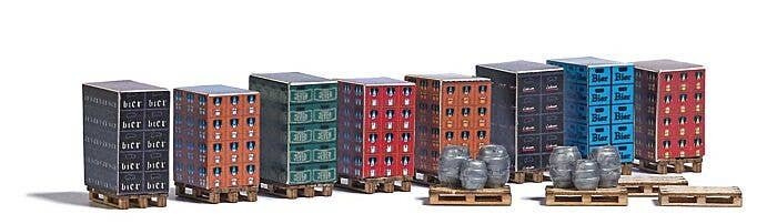 Pallets & Beverage Crates - Laser-Cut Kit -- 12 Pallets, 6 Kegs, 8 Pallet Box Loads, HO, Busch Gmbh & Co Kg 1814