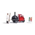 Piaggio Ape with Pizza Oven, Figure, Pizza Peel, Sign - Action Set, HO, Busch Gmbh & Co Kg 7992