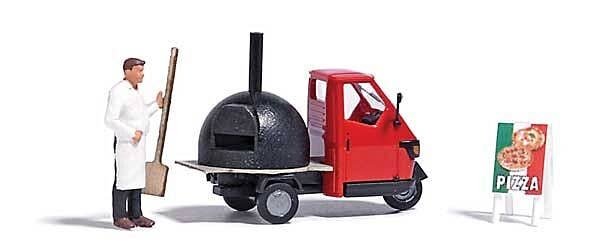 Piaggio Ape with Pizza Oven, Figure, Pizza Peel, Sign - Action Set, HO, Busch Gmbh & Co Kg 7992