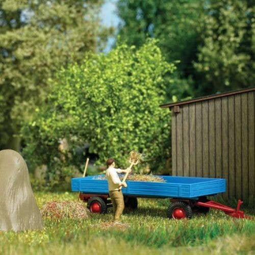 Hay Harvest - Action Set -- Low-Side Farm Trailer, 3 Hay Stacks, Figure, Farm Tools, HO, Busch Gmbh & Co Kg 79851
