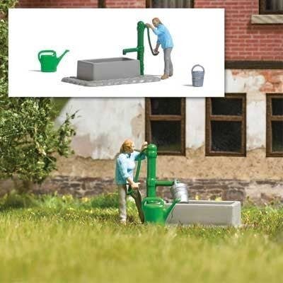 Water Pump Scene - Action Set -- Pump/Cistern, Gardner Figure, Watering Can, Bucket, HO, Busch Gmbh & Co Kg 7975
