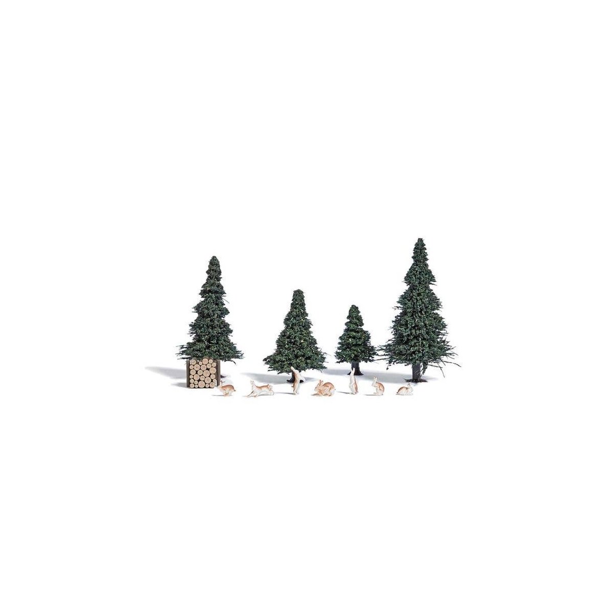 Rabbits/Hares - Action Set -- 7 Rabbits, Wood Pile, 4 Small Pine Trees, HO, Busch Gmbh & Co Kg 7986