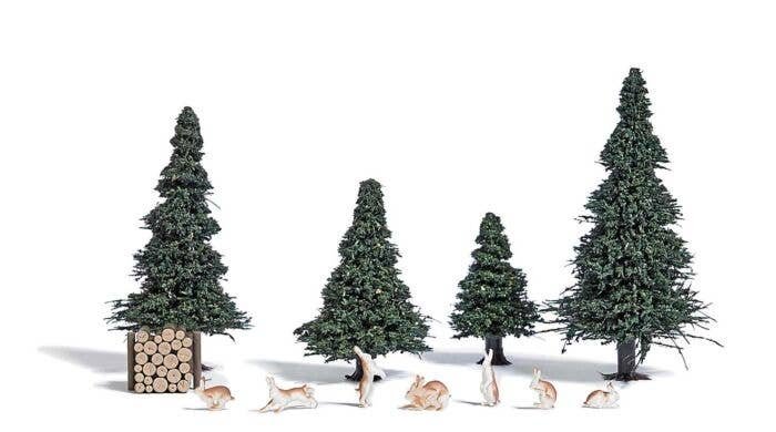Rabbits/Hares - Action Set -- 7 Rabbits, Wood Pile, 4 Small Pine Trees, HO, Busch Gmbh & Co Kg 7986