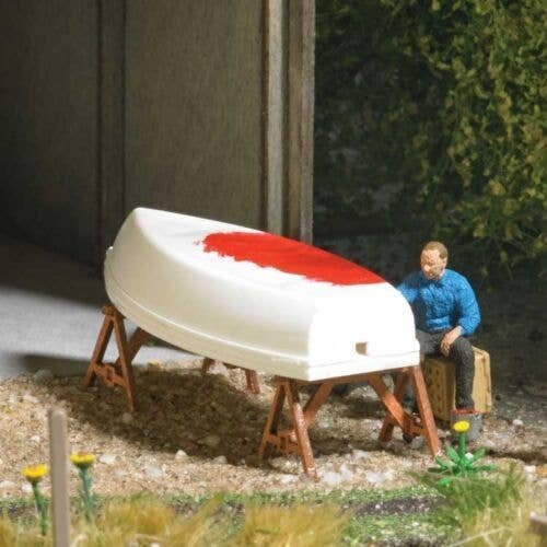 Boat Painting - Action Set -- Motor Boat, Figure, Boat Stands, Toolboxes, HO, Busch Gmbh & Co Kg 79816