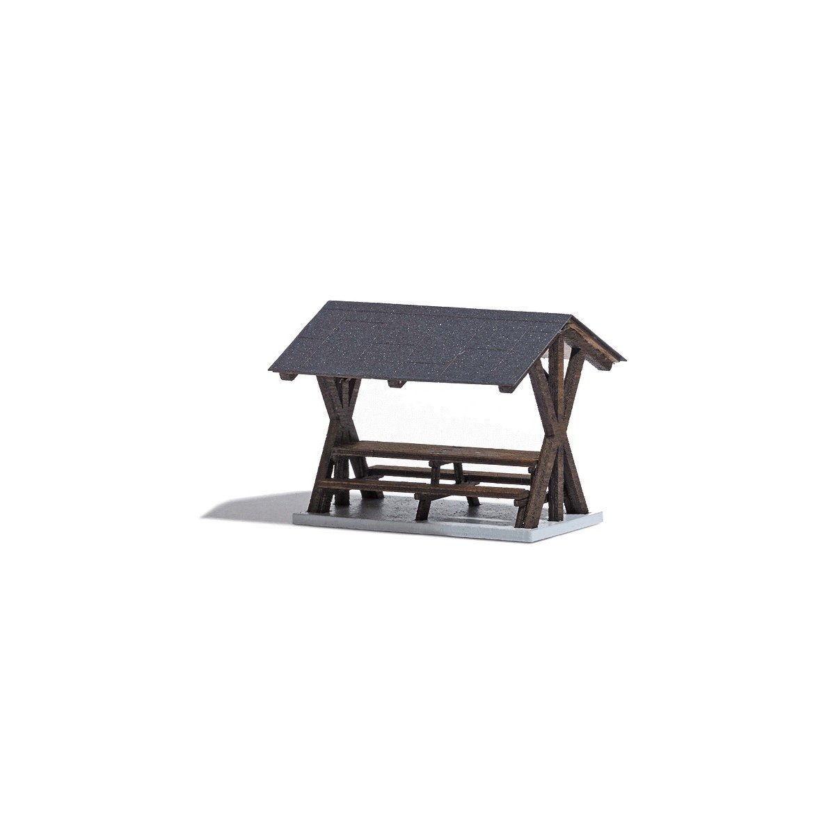 Table & Benches w/Canopy -- Laser-Cut Wood Kit - 1-1/2 x 1-5/16 x 1-3/16′ 3.8 x 3.3 x 3cm, HO, Busch Gmbh & Co Kg 1563
