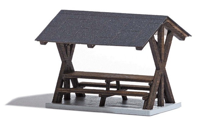 Table & Benches w/Canopy -- Laser-Cut Wood Kit - 1-1/2 x 1-5/16 x 1-3/16′ 3.8 x 3.3 x 3cm, HO, Busch Gmbh & Co Kg 1563