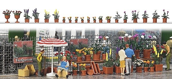 Flower Pots w/Flowers -- Assorted Sizes & Colors pkg(20), HO, Busch Gmbh & Co Kg 1209
