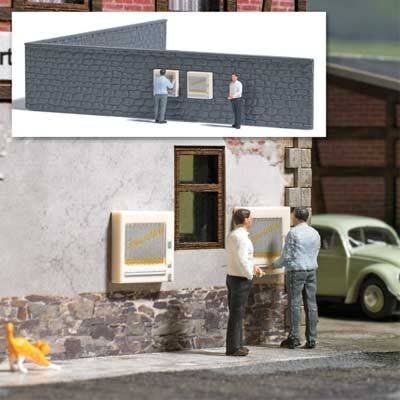 Cigarette Vending Machine Scene - Action Set -- 2 Wall-Mount Machines, 24cm of Stone Wall, 2 Figures, HO, Busch Gmbh & Co Kg 791