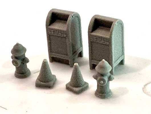 Sidewalk Details -- Unpainted Resin Castings - 2 Each: Traffic Cones, Mailboxes, Fire Hydrants, HO, Bar Mills LLC 2025