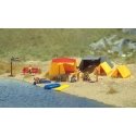 Camping Site -- Four tents, table, stool, campfire and sign - no figures, HO, Busch Gmbh & Co Kg 6026