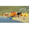 Camping Site -- Four tents, table, stool, campfire and sign - no figures, HO, Busch Gmbh & Co Kg 6026