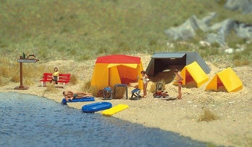 Camping Site -- Four tents, table, stool, campfire and sign - no figures, HO, Busch Gmbh & Co Kg 6026