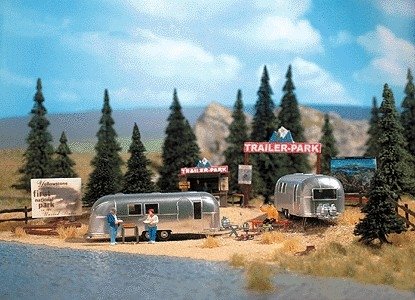 Trailer Park Scene -- w/2 `Airstream` Trailers, HO, Busch Gmbh & Co Kg 1054