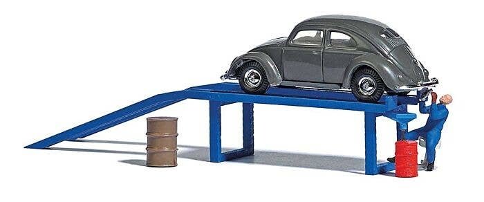 Complete Miniature Scene -- Oil Change Ramp, VW Old Beetle, Barrels, Figure, HO, Busch Gmbh & Co Kg 7829