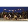 Summer Night Party Set -- Garland w/12 Colored Lights, 2 Wooden Masts, 4 Benches & 2 Tables, HO, Busch Gmbh & Co Kg 5408