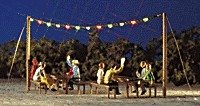 Summer Night Party Set -- Garland w/12 Colored Lights, 2 Wooden Masts, 4 Benches & 2 Tables, HO, Busch Gmbh & Co Kg 5408
