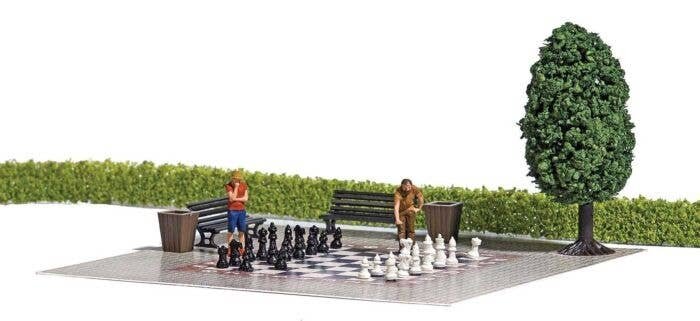 Garden Chess Miniature Scene -- Chess Board, Benches, Tree, Garbage Cans and 2 Figures, HO, Busch Gmbh & Co Kg 7839