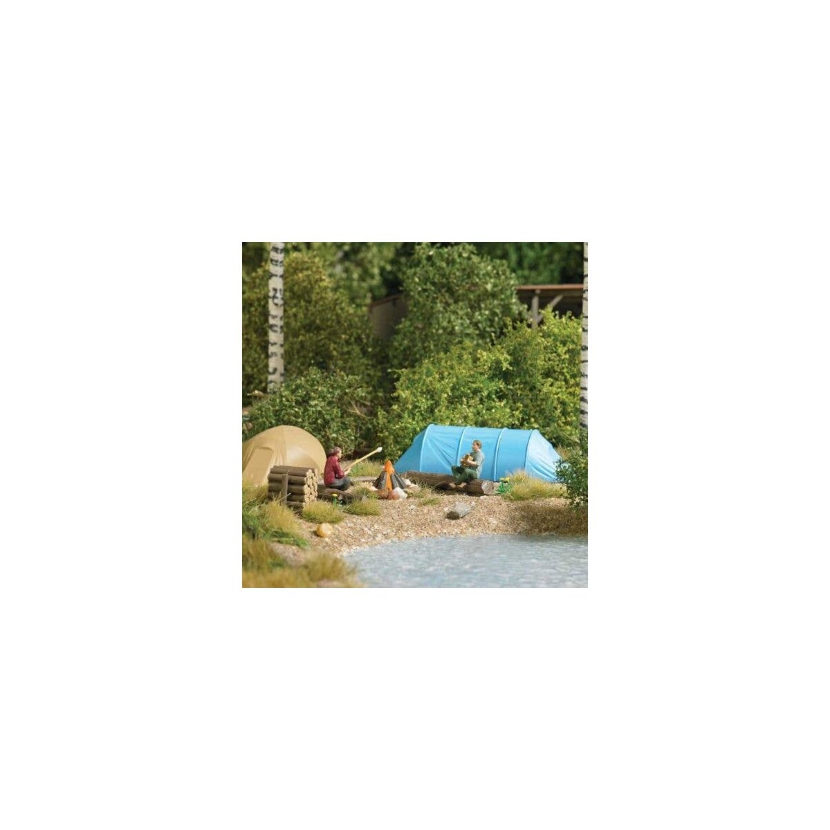 Wilderness Camping - Action Set -- 2 Figures, 2 Tents, Logs, Campfire w/Stones, Logpile, HO, Busch Gmbh & Co Kg 79823