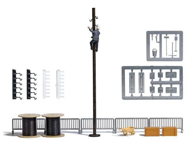 Utility Pole Climber - Action Set -- Figure, Barricades, 2 Crates, 2 Cable Spools, Power Pole, Tools, Details, HO, Busch Gmbh & 