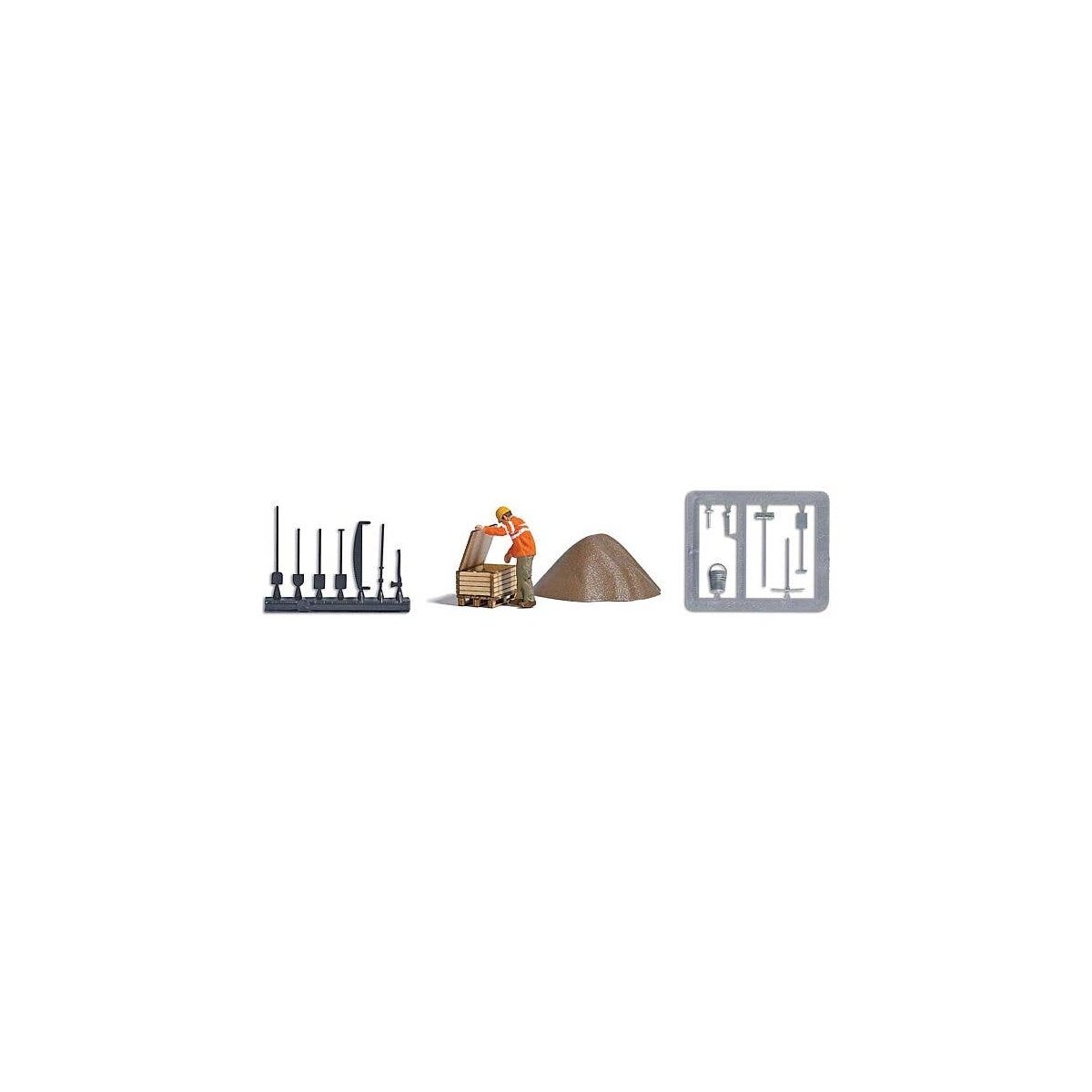 Era 5 Railway Worker - Action Set -- Figure, Ballast Pile, Wood Crate Kit, 2 Track Tool Sprues, HO, Busch Gmbh & Co Kg 7967