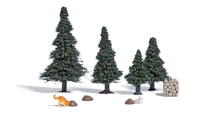 Dog Hunting a Rabbit - Action Set -- 1 Dog, 3 Hutches, Rabbit, Wood Pile, 4 Small Pine Trees, HO, Busch Gmbh & Co Kg 7987